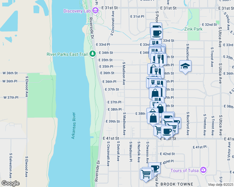 map of restaurants, bars, coffee shops, grocery stores, and more near 3708 South Madison Avenue in Tulsa
