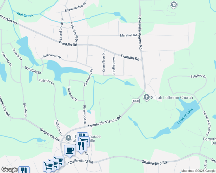 map of restaurants, bars, coffee shops, grocery stores, and more near 7198 Spring Hill Road in Lewisville