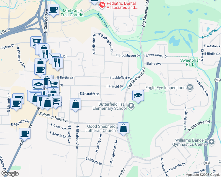 map of restaurants, bars, coffee shops, grocery stores, and more near 1775 East Harold Street in Fayetteville