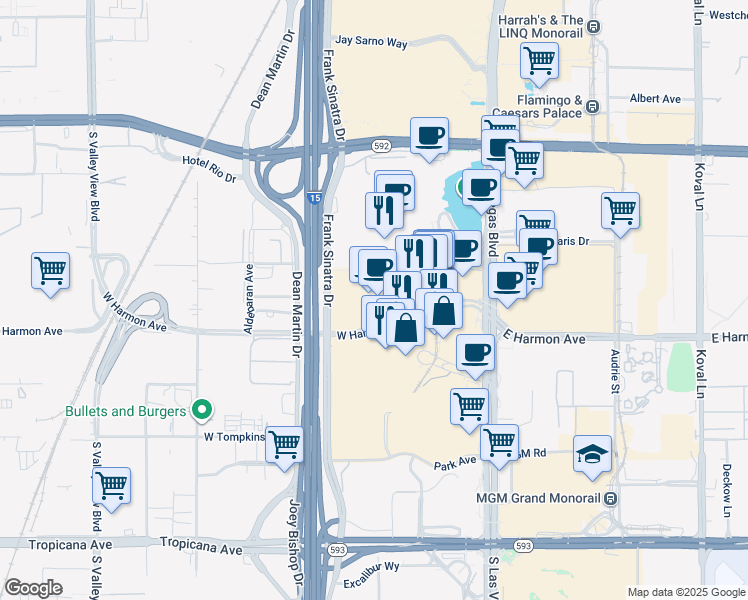 map of restaurants, bars, coffee shops, grocery stores, and more near 2600 West Harmon Avenue in Las Vegas