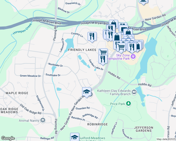 map of restaurants, bars, coffee shops, grocery stores, and more near 7 Garden Lake Circle in Greensboro
