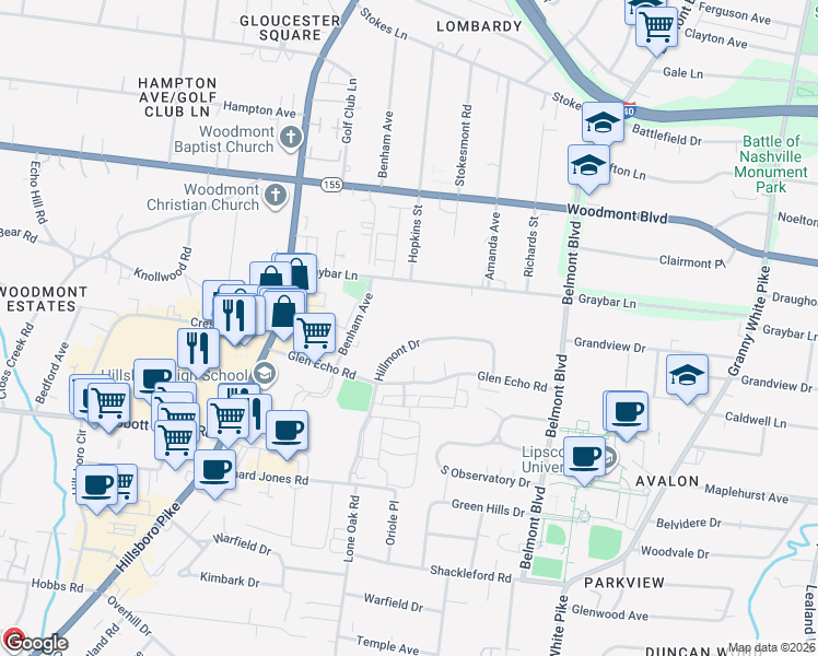 map of restaurants, bars, coffee shops, grocery stores, and more near 1758B Hillmont Drive in Nashville