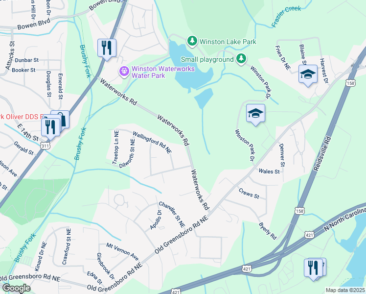 map of restaurants, bars, coffee shops, grocery stores, and more near 700 Waterworks Road in Winston-Salem