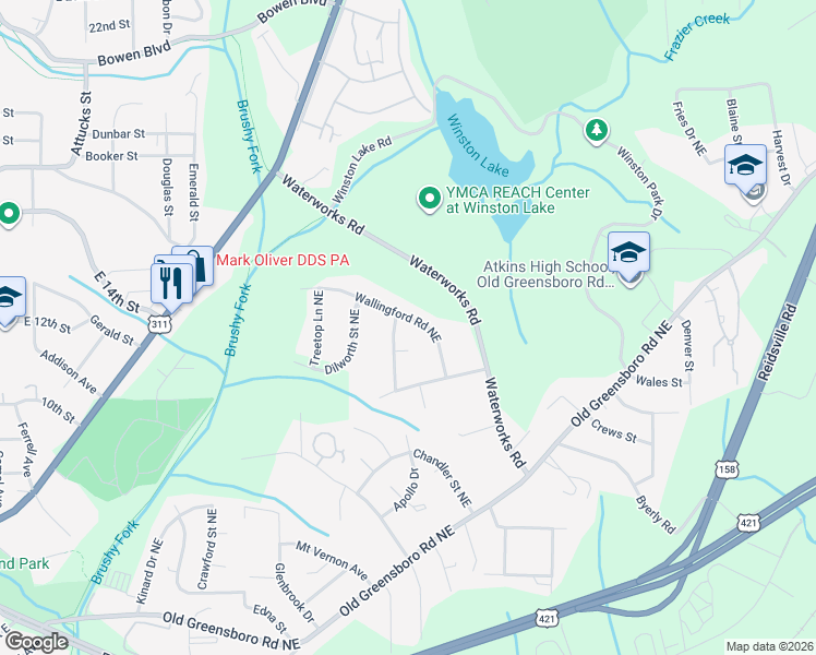 map of restaurants, bars, coffee shops, grocery stores, and more near 2570 Wallingford Road Northeast in Winston-Salem