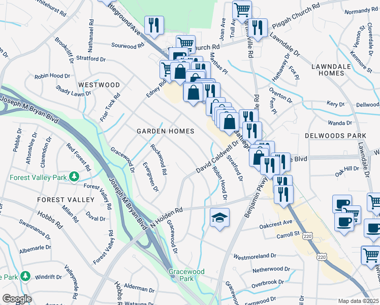 map of restaurants, bars, coffee shops, grocery stores, and more near 2712 Shady Lawn Drive in Greensboro