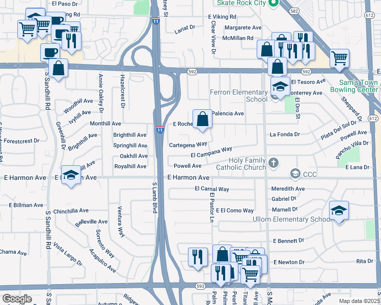 map of restaurants, bars, coffee shops, grocery stores, and more near 4319 Cartegena Way in Las Vegas