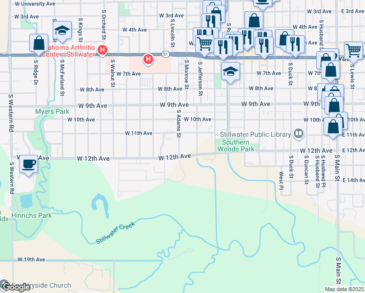 map of restaurants, bars, coffee shops, grocery stores, and more near 1106 South Adams Street in Stillwater