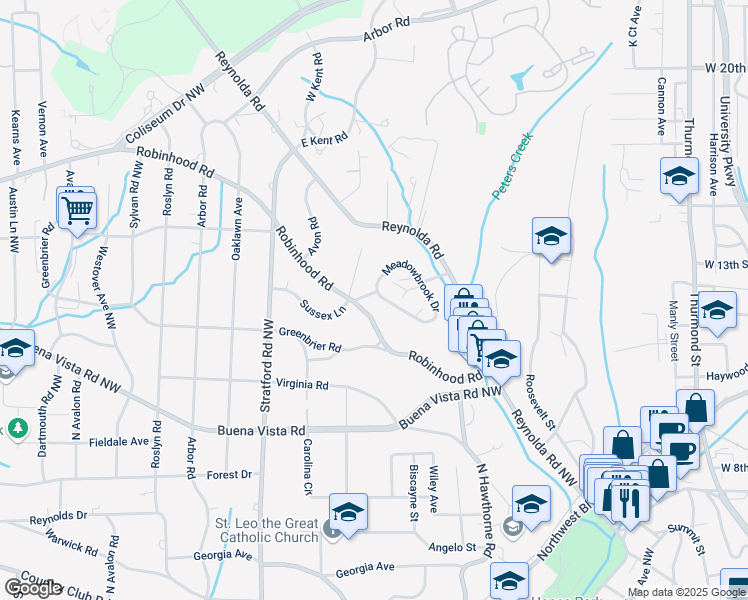 map of restaurants, bars, coffee shops, grocery stores, and more near 1803 Meadowbrook Drive in Winston-Salem