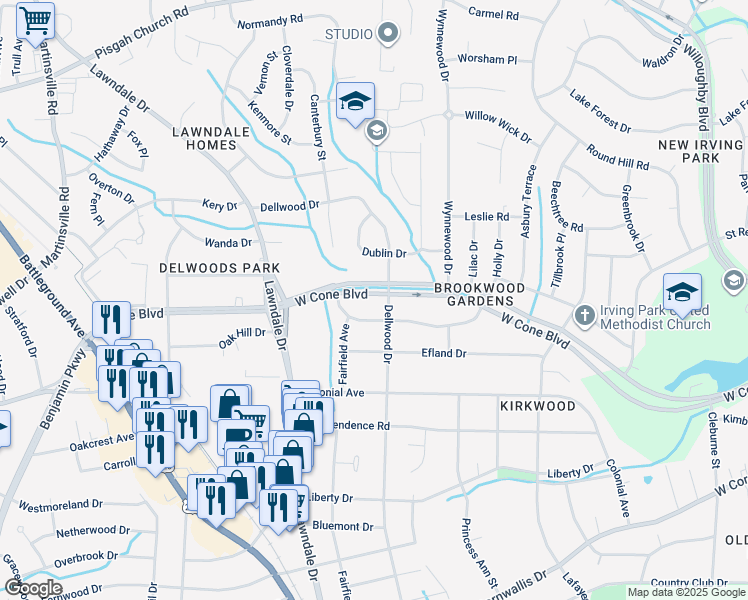map of restaurants, bars, coffee shops, grocery stores, and more near 1903 West Cone Boulevard in Greensboro