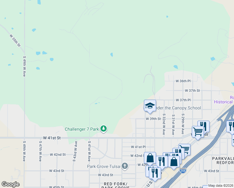map of restaurants, bars, coffee shops, grocery stores, and more near 3701 South 41st West Avenue in Tulsa