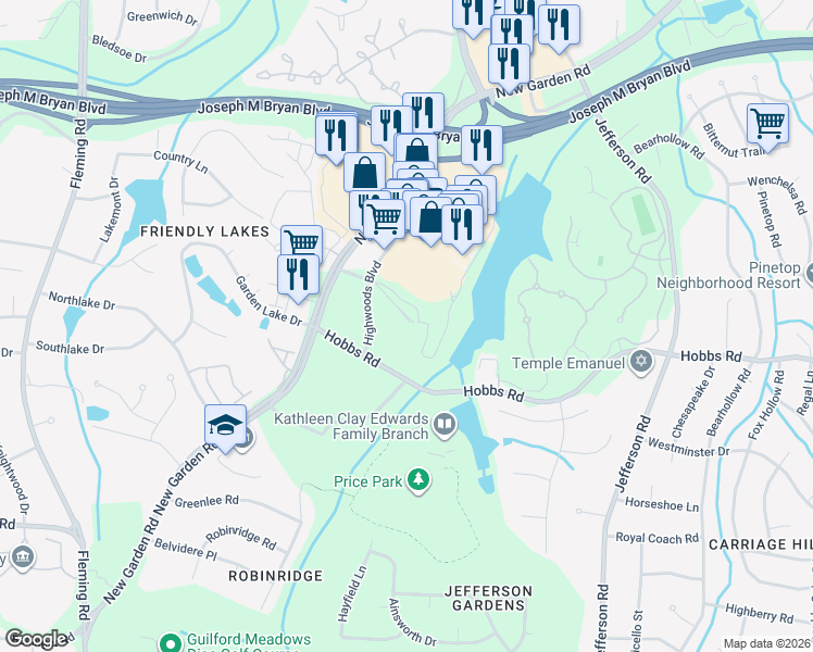 map of restaurants, bars, coffee shops, grocery stores, and more near 1500 Highwoods Blvd in Greensboro