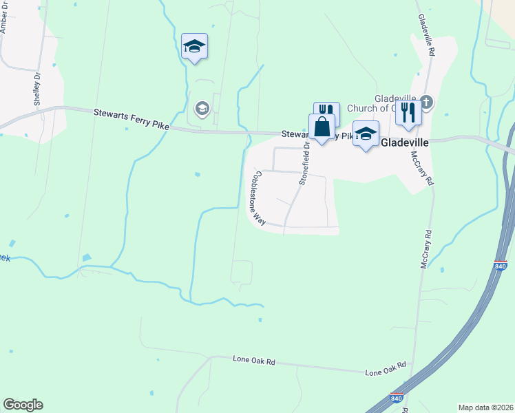 map of restaurants, bars, coffee shops, grocery stores, and more near 421 Cobblestone Way in Mt. Juliet