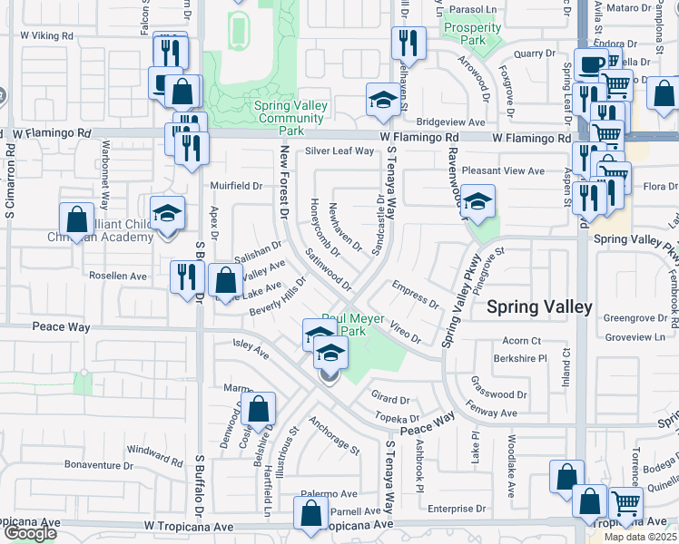 map of restaurants, bars, coffee shops, grocery stores, and more near 4422 Satinwood Drive in Las Vegas
