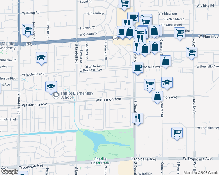 map of restaurants, bars, coffee shops, grocery stores, and more near 5060 Indian River Drive in Las Vegas