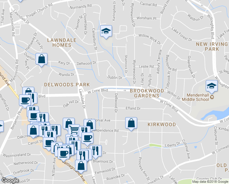 map of restaurants, bars, coffee shops, grocery stores, and more near 2705 Dellwood Drive in Greensboro