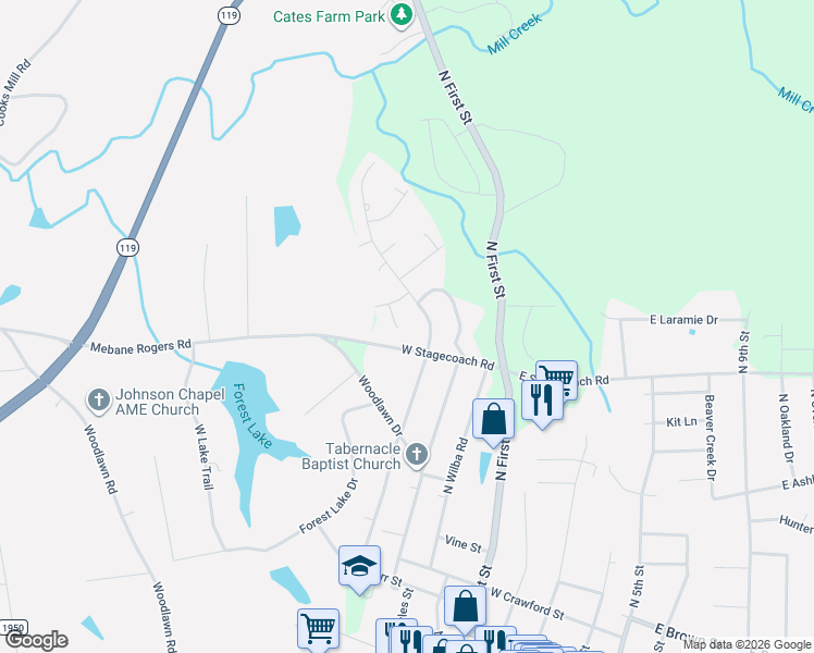 map of restaurants, bars, coffee shops, grocery stores, and more near 109 North Forestwood Court in Mebane