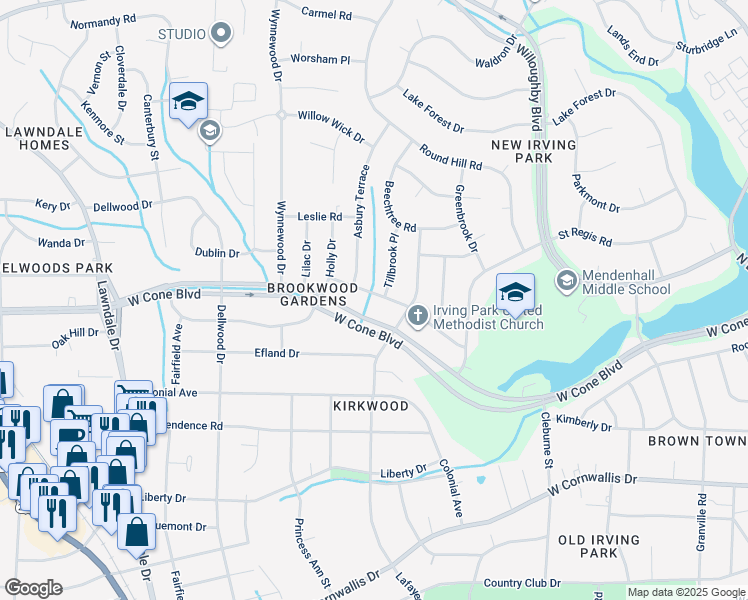 map of restaurants, bars, coffee shops, grocery stores, and more near 1609 Wilton Drive in Greensboro