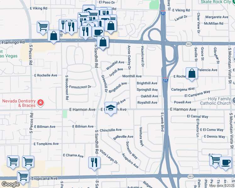 map of restaurants, bars, coffee shops, grocery stores, and more near 3910 Springhill Avenue in Las Vegas