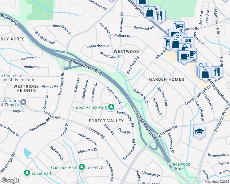 map of restaurants, bars, coffee shops, grocery stores, and more near 1808 Red Forest Road in Greensboro