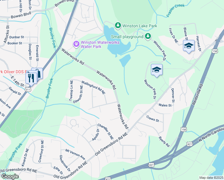map of restaurants, bars, coffee shops, grocery stores, and more near 700 Waterworks Road in Winston-Salem