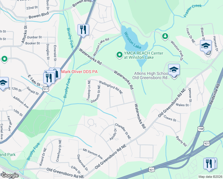 map of restaurants, bars, coffee shops, grocery stores, and more near 2570 Wallingford Road Northeast in Winston-Salem