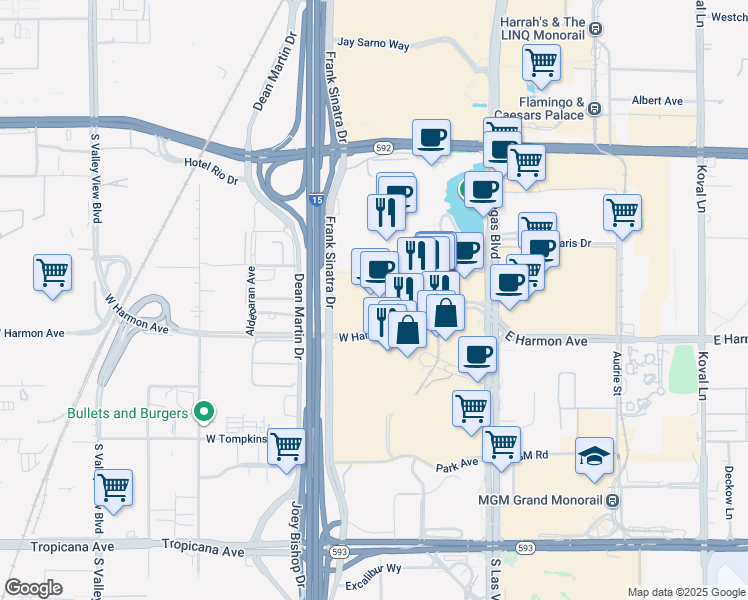 map of restaurants, bars, coffee shops, grocery stores, and more near 2600 West Harmon Avenue in Las Vegas