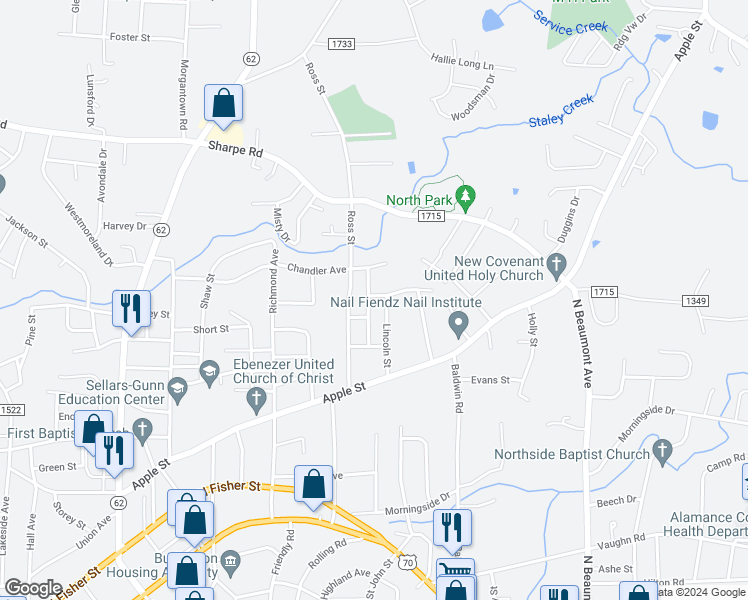 map of restaurants, bars, coffee shops, grocery stores, and more near 629 Dailey Street in Burlington