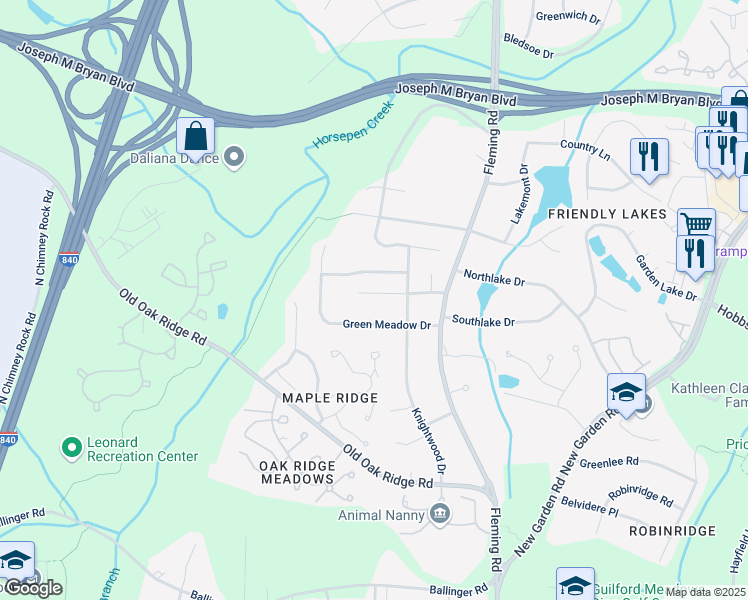 map of restaurants, bars, coffee shops, grocery stores, and more near 5811 Kacey Meadows Drive in Greensboro