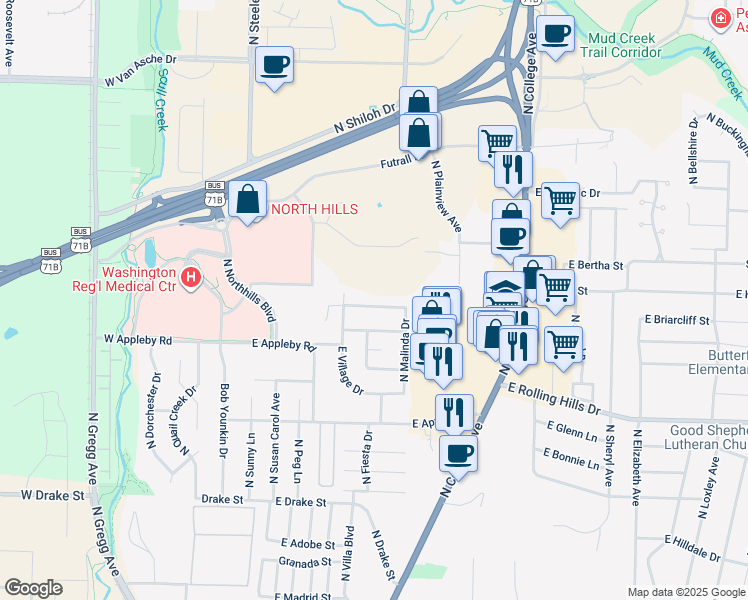 map of restaurants, bars, coffee shops, grocery stores, and more near 424 East Malinda Drive in Fayetteville