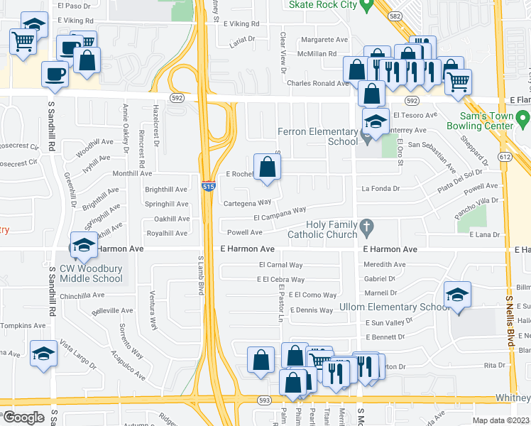 map of restaurants, bars, coffee shops, grocery stores, and more near 4364 El Campana Way in Las Vegas