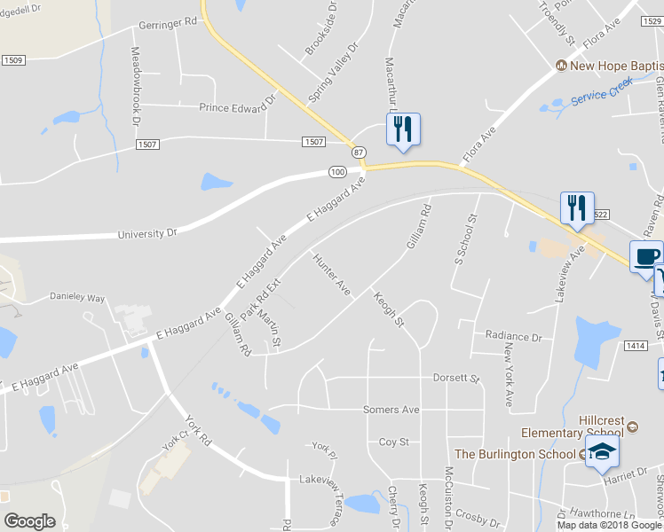 map of restaurants, bars, coffee shops, grocery stores, and more near 132 Hunter Avenue in Elon