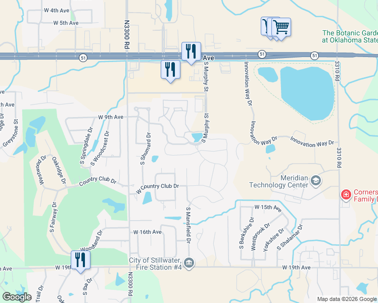 map of restaurants, bars, coffee shops, grocery stores, and more near 4410 Prescot Drive in Stillwater