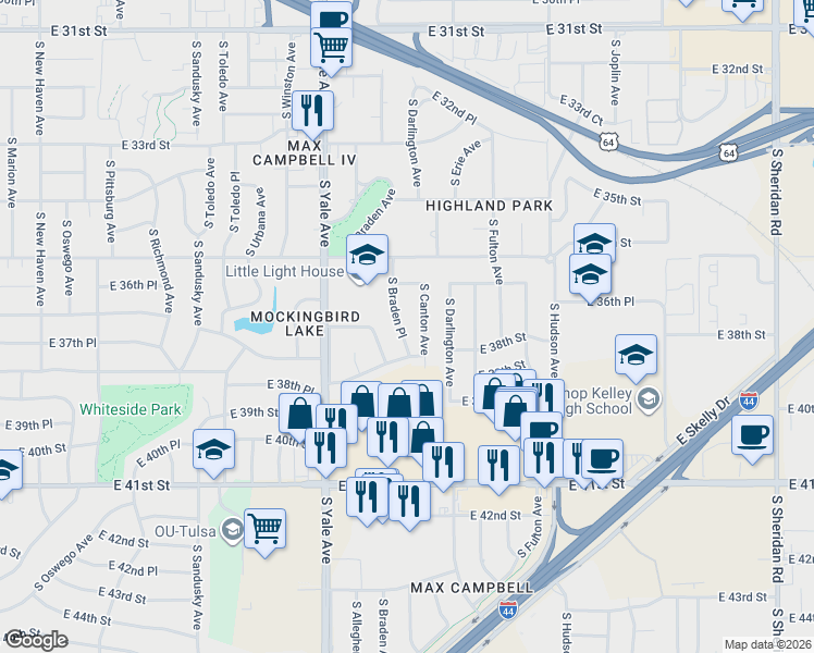 map of restaurants, bars, coffee shops, grocery stores, and more near 3735 S Braden Pl in Tulsa