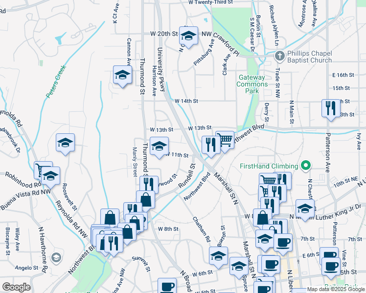 map of restaurants, bars, coffee shops, grocery stores, and more near 838 West 12th Street in Winston-Salem