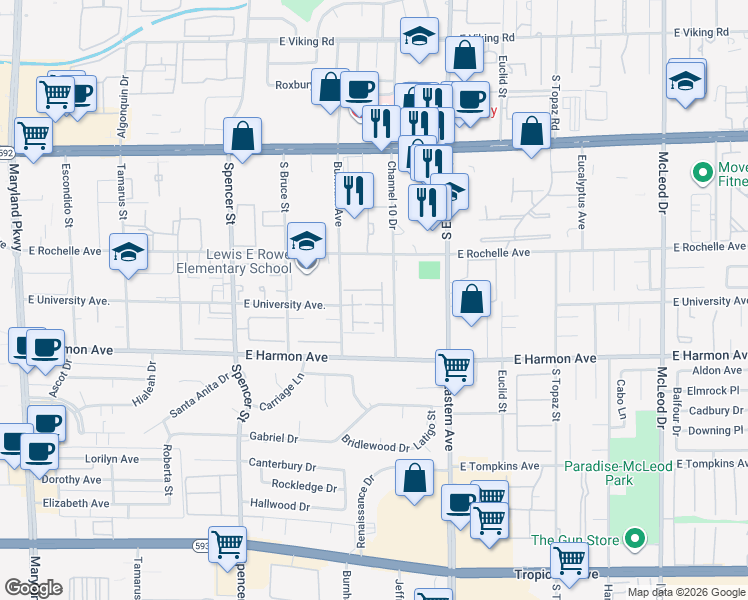 map of restaurants, bars, coffee shops, grocery stores, and more near 2210 East University Avenue in Las Vegas