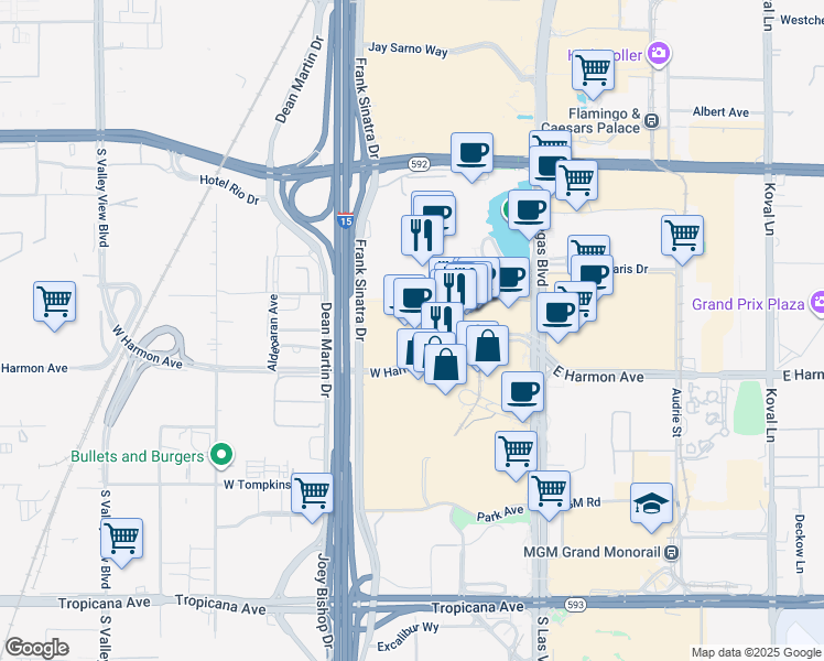 map of restaurants, bars, coffee shops, grocery stores, and more near 2250 West Harmon Avenue in Las Vegas