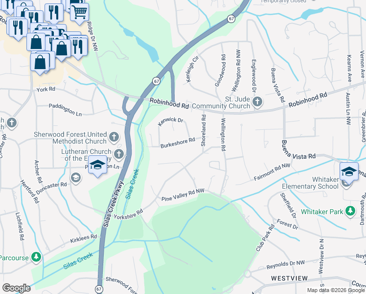 map of restaurants, bars, coffee shops, grocery stores, and more near 3108 Burkeshore Road in Winston-Salem