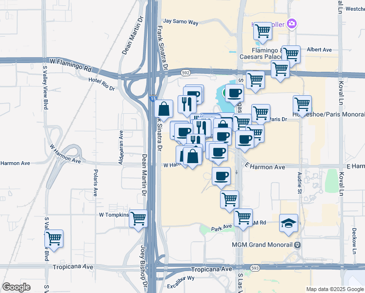 map of restaurants, bars, coffee shops, grocery stores, and more near 2250 West Harmon Avenue in Las Vegas
