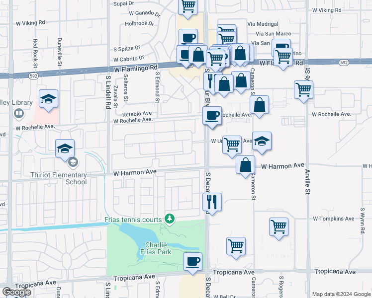 map of restaurants, bars, coffee shops, grocery stores, and more near 5020 Indian River Drive in Las Vegas