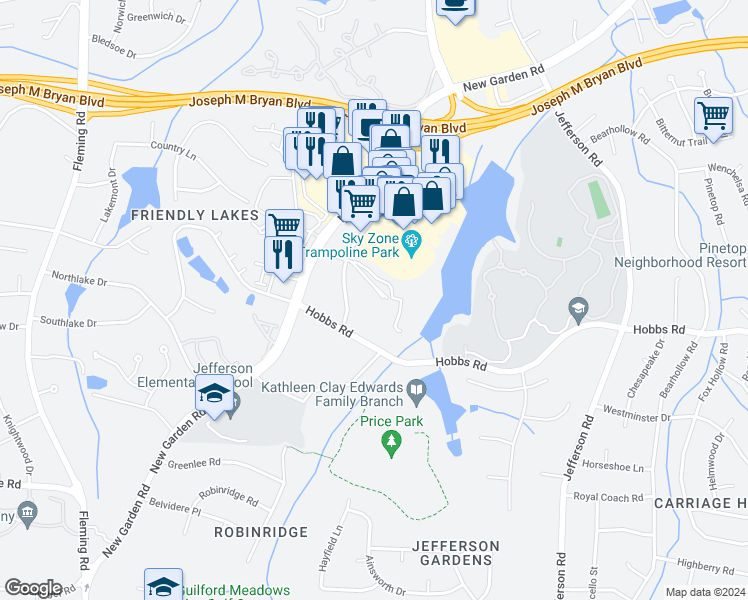 map of restaurants, bars, coffee shops, grocery stores, and more near 1500 Highwoods Boulevard in Greensboro
