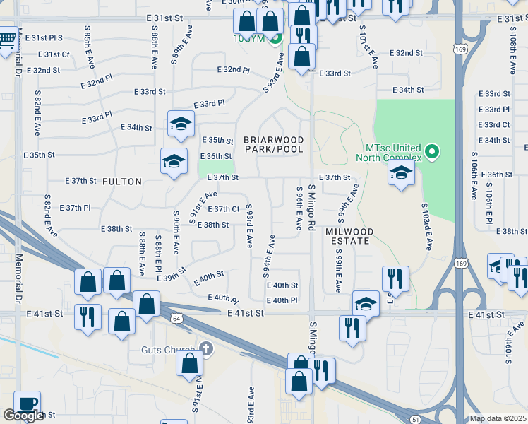 map of restaurants, bars, coffee shops, grocery stores, and more near 9406 East 37th Court in Tulsa