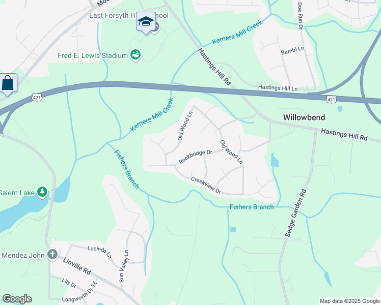 map of restaurants, bars, coffee shops, grocery stores, and more near 425 Rockbridge Drive in Kernersville