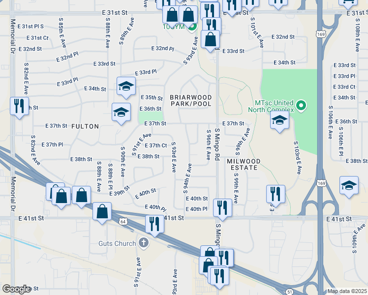 map of restaurants, bars, coffee shops, grocery stores, and more near 9406 East 37th Court in Tulsa