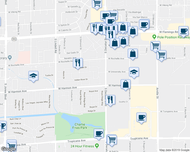 map of restaurants, bars, coffee shops, grocery stores, and more near 4980 Indian River Drive in Las Vegas