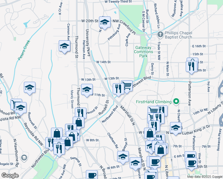 map of restaurants, bars, coffee shops, grocery stores, and more near 1285 University Parkway in Winston-Salem