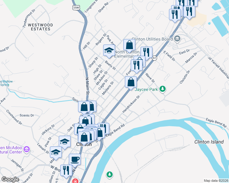 map of restaurants, bars, coffee shops, grocery stores, and more near 709 Fowler Street in Clinton