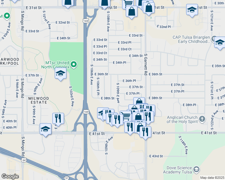 map of restaurants, bars, coffee shops, grocery stores, and more near 3651 South 108th East Avenue in Tulsa