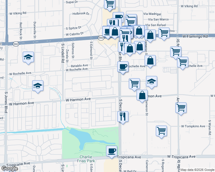 map of restaurants, bars, coffee shops, grocery stores, and more near 5020 Indian River Drive in Las Vegas