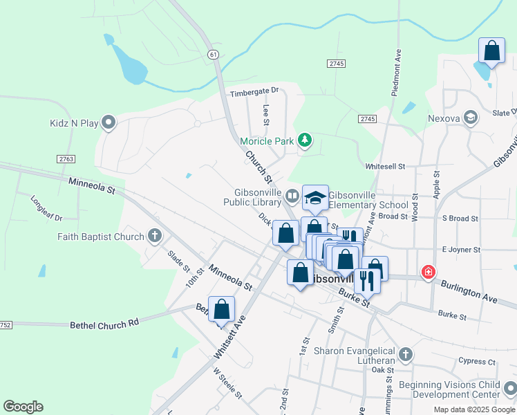 map of restaurants, bars, coffee shops, grocery stores, and more near 518 Dick Street in Gibsonville