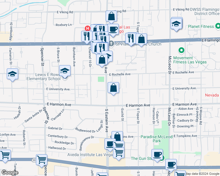 map of restaurants, bars, coffee shops, grocery stores, and more near 4386 South Eastern Avenue in Las Vegas